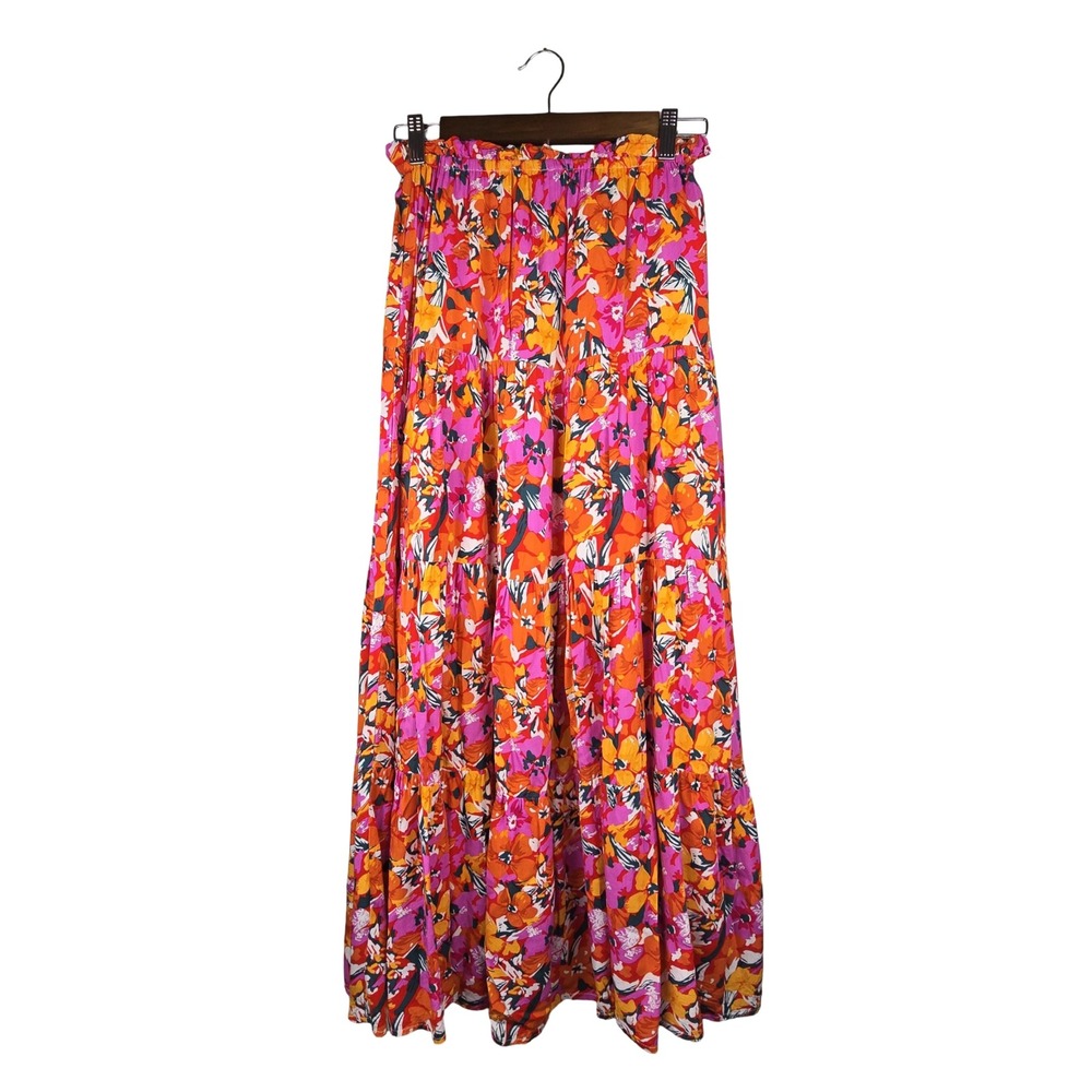 Petal + Pup Maxi Skirt Women 2 Orange Pink Floral Tiered Ruffle Boho Cottagecore